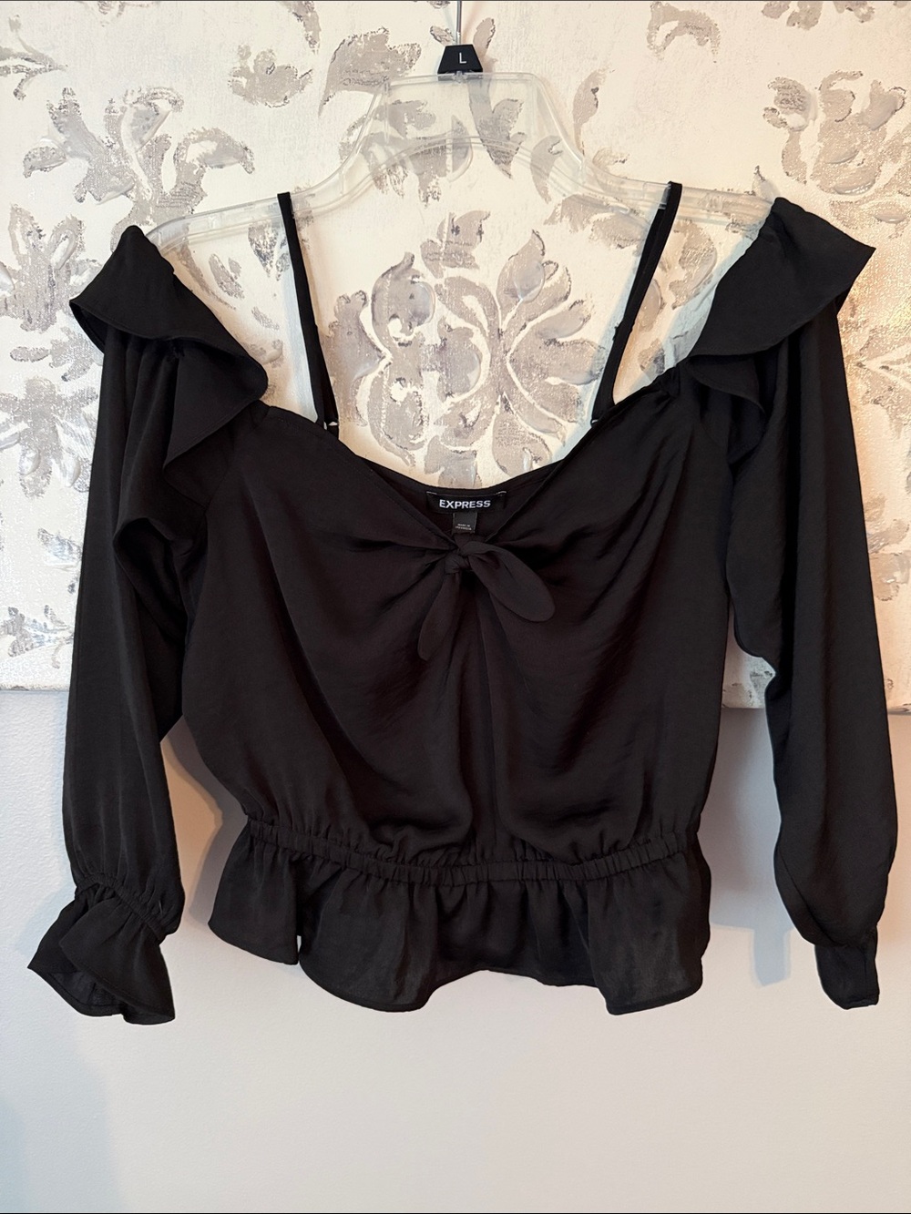 Express Black Ruffle Cold-Shoulder Tie-Front Blouse